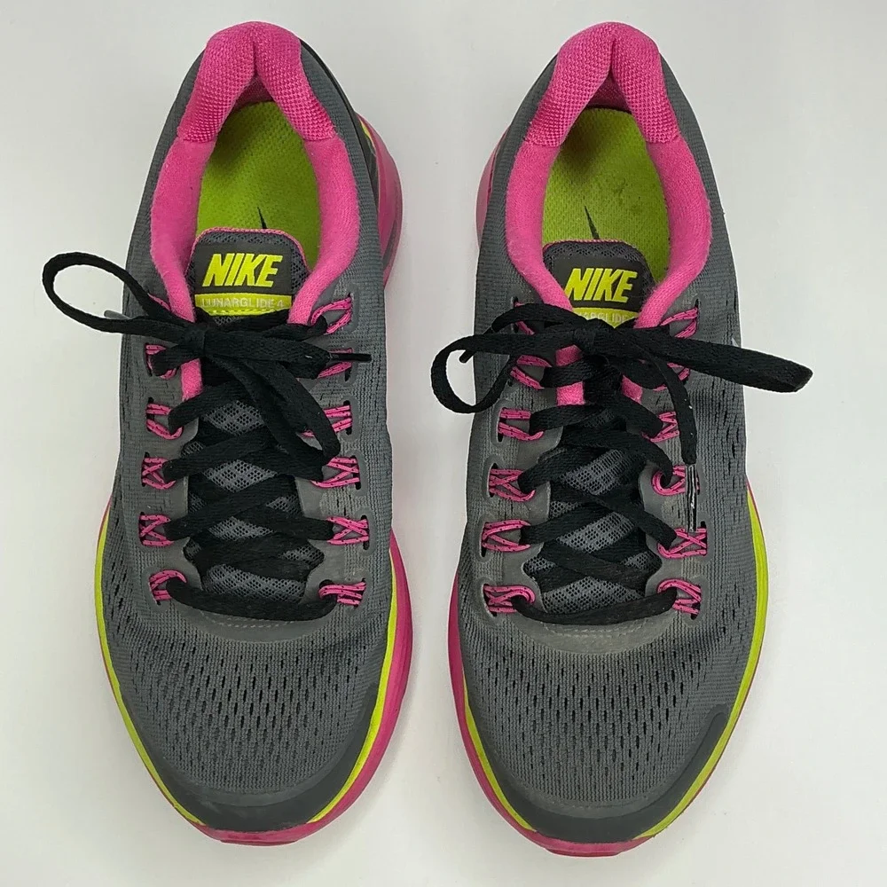 Nike Grey Pink LunarGlide 4 Running Shoes Girls 5Y 525371-001 Lunarlon Neon